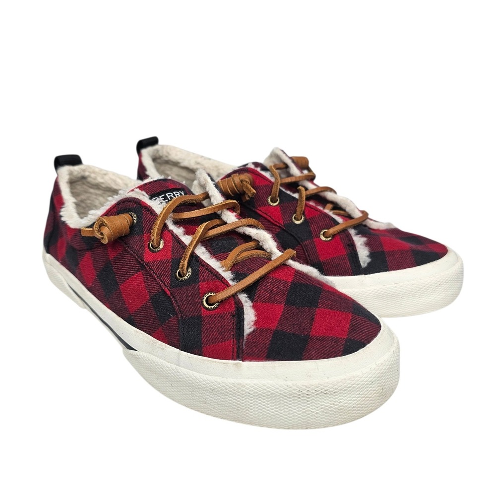 Sperry Crest Vibe Women 9 Red Buffalo Plaid Sneaker Faux Fur STS85893
